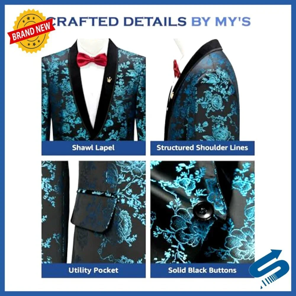 Men's Velvet Floral Blazer Shawl Lapel Tuxedo Jacket Formal Wear